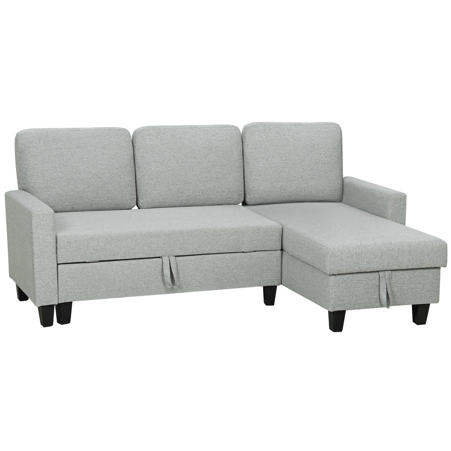 HOMCOM Eck-Schlafsofa wendbar, 3-Sitzer 197 cm, Ottomane mit Stauraum, abnehmbare Kissen, Stoff in Leinenoptik, modernes Sofa für Wohnzimmer, Büro, Apartment, Hellgrau   Aosom von HOMCOM