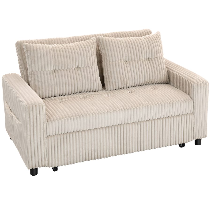 HOMCOM Schlafsofa, 2-Sitzer Sofa 157 x 190 cm mit Schlaffunktion, Verstellbare Rückenlehne, Couch mit Kissen, Kordoptik, Schlafcouch mit Seitentasche für Wohnzimmer, Cremeweiß   Aosom von HOMCOM