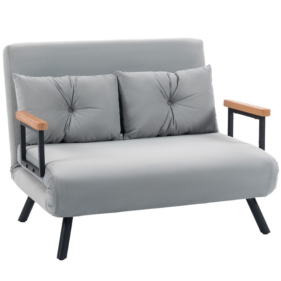 HOMCOM 4-in-1 Schlafsofa für 2 Personen, mit 5-stufig verstellbarer Rückenlehne, klappbares Doppelbett mit 2 Kissen, gepolsterter Sitz, Samtoptik, 102x73x81 cm, Hellgrau   Aosom von HOMCOM