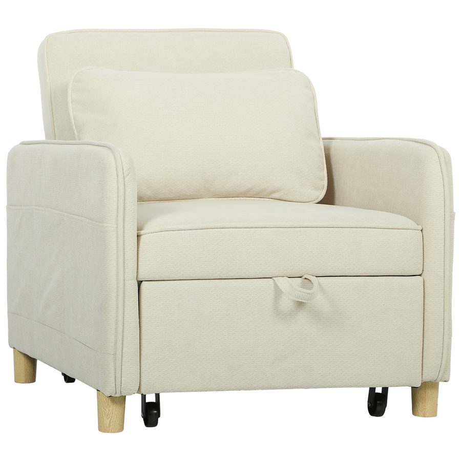HOMCOM Schlafsessel 3 in 1 Umwandelbarer Sessel mit Bettfunktion, Breiter Sitzfläche, Verstellbarer Rückenlehne, Lendenkissen Schlafsofa mit 6 Seitentaschen, Mais-Samtoptik für Wohnzimmer, Beige   Aosom von HOMCOM