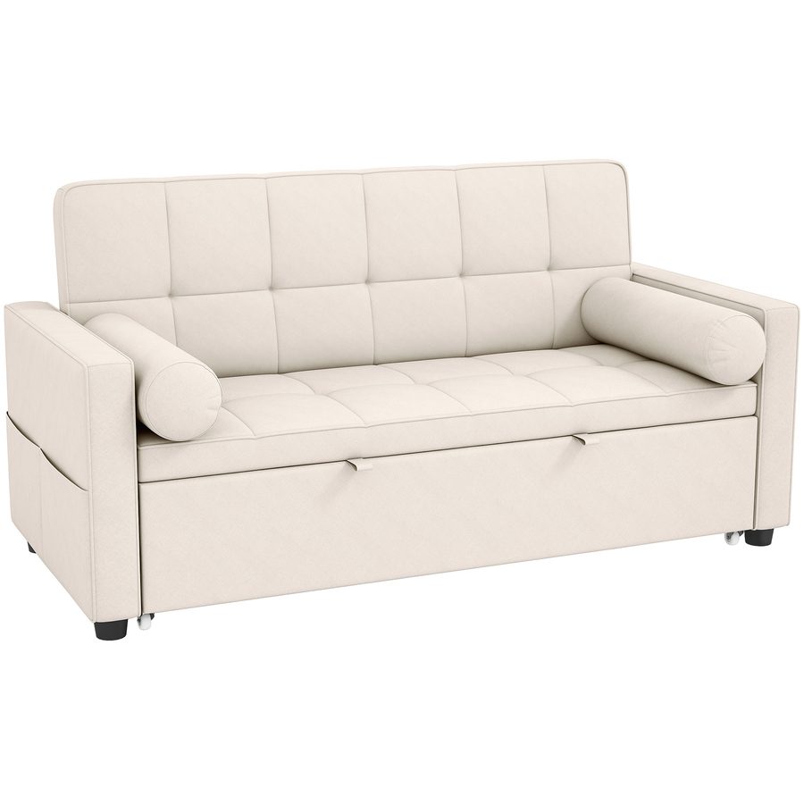 HOMCOM Schlafsofa 2‑Sitzer 3‑in‑1, gesteppte Couch, ausziehbares Doppelbett, verstellbare Rückenlehne, 2 Kissen und Armlehnen-Taschen, Leinenoptik-Stoff, für Schlafzimmer, beige   Aosom von HOMCOM