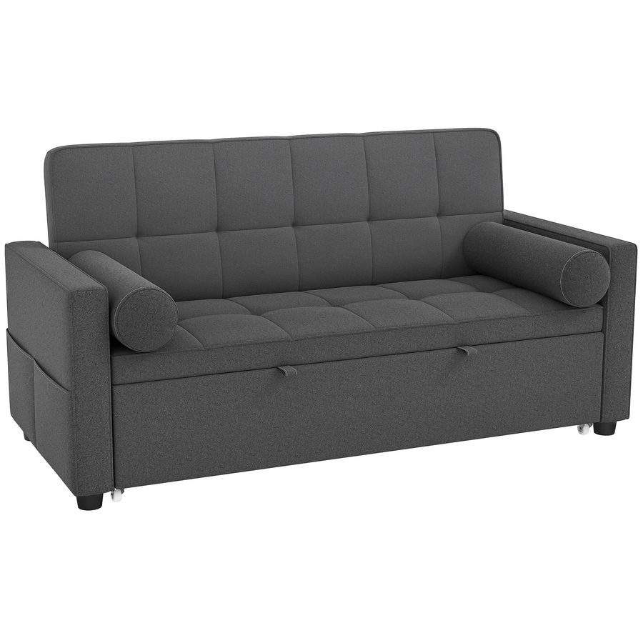 HOMCOM 2‑Sitzer Schlafsofa 3‑in‑1, gesteppter Schlafsessel, ausziehbares Doppelbett, verstellbare Rückenlehne, 2 Kissen und Seitentaschen, Leinenoptikstoff, für Schlafzimmer, dunkelgrau   Aosom von HOMCOM