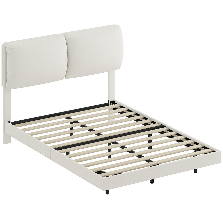 HOMCOM Doppelbett 135x190 cm, Bettgestell mit gepolstertem Kopfteil, Schwebeeffekt, Metallrahmen, Holzlatten, Geräuscharm, Moderner Stil, Beige   Aosom von HOMCOM
