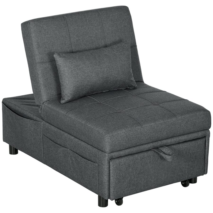 HOMCOM Klappbarer Schlafsessel mit Polsterung, 4-in-1 Multifunktionales Schlafsofa, Liegesessel mit verstellbarer Rückenlehne, Seitentasche, Rollen und Kissen, für Wohnzimmer, Grau   Aosom von HOMCOM