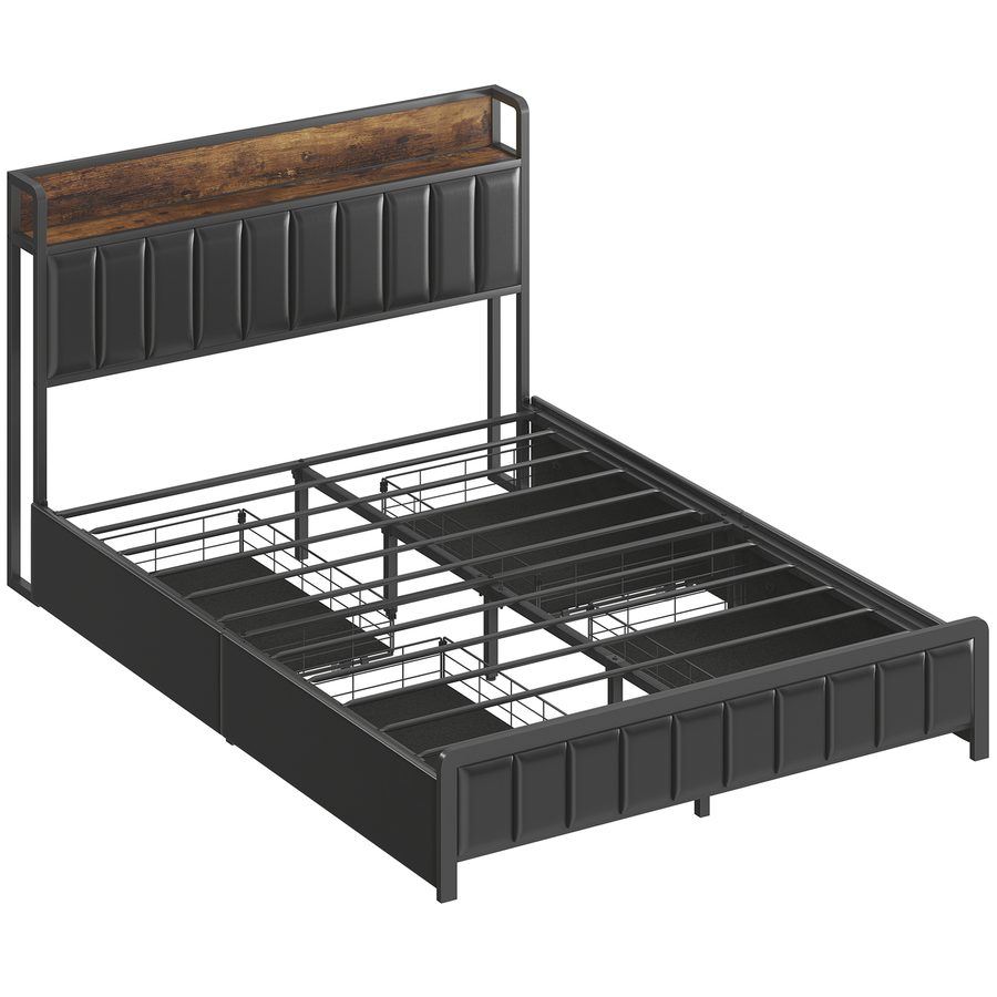 HOMCOM Bettrahmen 140 x 190 cm mit Metall-Lattenrost, gepolstertes Doppelbett mit Synthetik-Kopfteil, Fußteil, 4 Schubladen und Ablage, geräuscharm, Industrie-Stil, schwarz   Aosom von HOMCOM