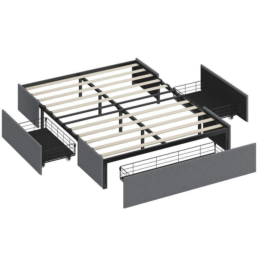 HOMCOM Bett mit Stauraum 140 x 190 cm, gepolstertes Doppelbettgestell mit 3 Schubladen, LVL-Lattenrost, Bezug in Leinenoptik, geräuschlos, verstellbare Gleiter, grau   Aosom von HOMCOM
