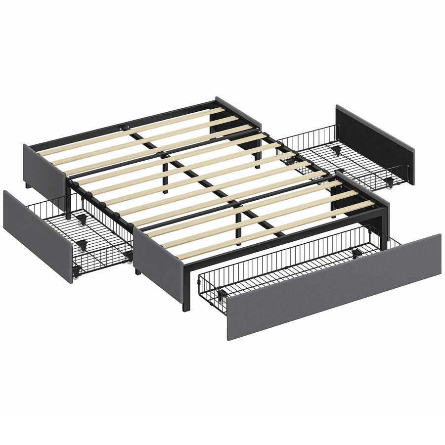 HOMCOM Doppelbett 140x190 cm Bettgestell mit Lattenrost, 3 Schubladen, Metallrahmen, belastbar bis 363 kg, Grau   Aosom von HOMCOM
