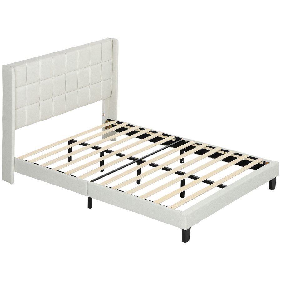 HOMCOM Gepolstertes Bett 135x190 cm mit Gepolstertem Kopfteil mit Ohren und Unterbauraum, Doppelbettgestell mit Lattenrost aus Holzlatten, Modernes Design, Einfache Montage, Beige   Aosom von HOMCOM