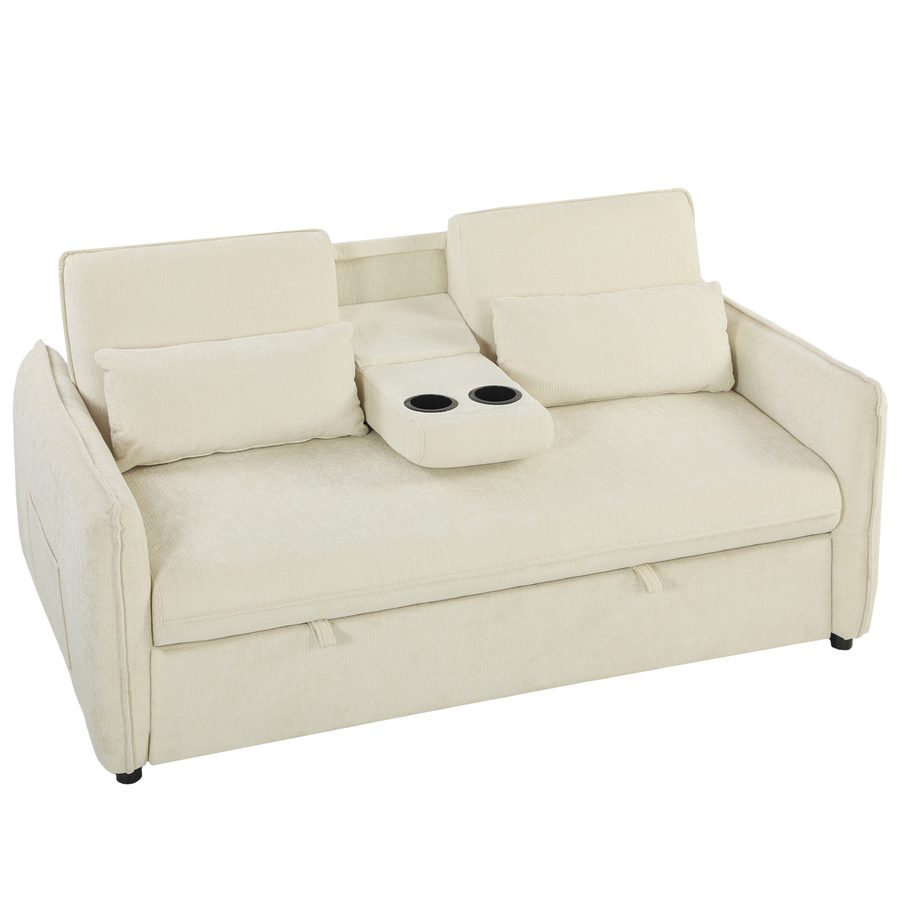 HOMCOM 3-in-1 Schlafsofa, Verstellbares Zweisitzer mit Getränkehaltern, verstellbarer Rückenlehne, Seitentaschen, ausziehbarer Gästebettfunktion und 2 Kissen, für Wohnzimmer, kleiner Raum, Beige   Aosom von HOMCOM