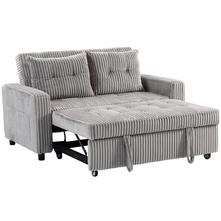 HOMCOM Schlafsofa, 2-Sitzer Sofa 157 x 190 cm mit Schlaffunktion, Verstellbare Rückenlehne, Couch mit Kissen, Kordoptik, Schlafcouch mit Seitentasche für Wohnzimmer, Hellgrau   Aosom von HOMCOM