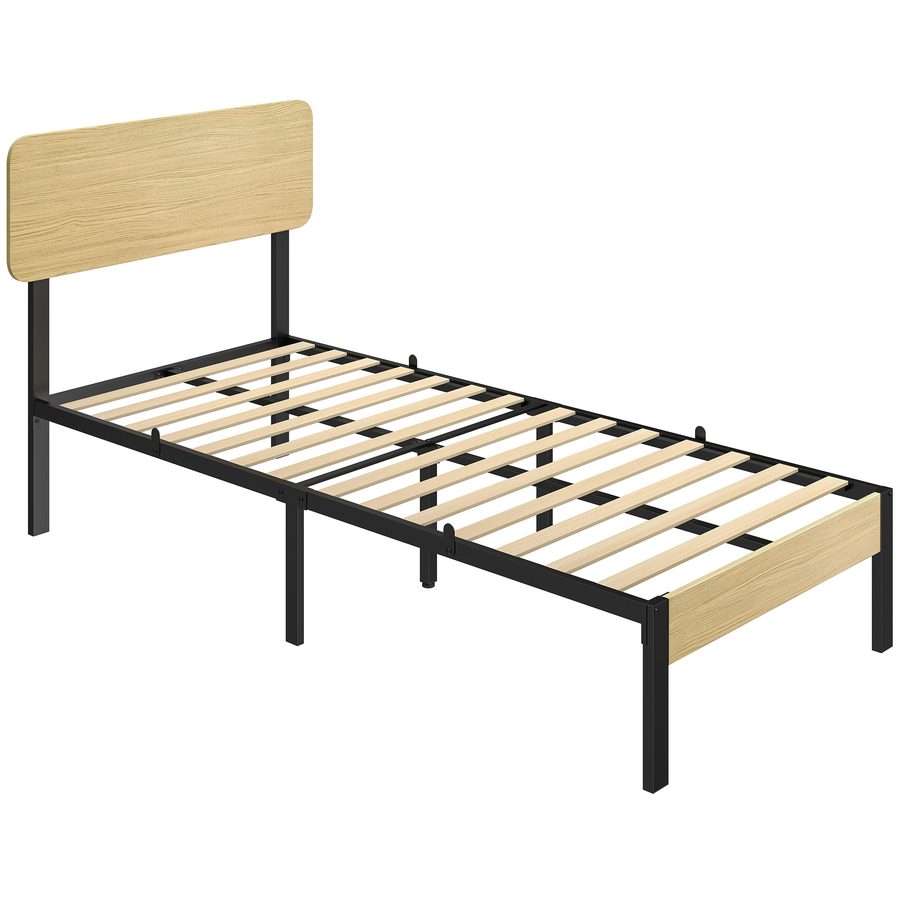 HOMCOM Bettgestell 90 x 200 cm mit Kopf- und Fußteil, Plattformbett, Matratzenbasis mit Stauraum unter dem Bett, 14 Latten, natürliche Holzoptik   Aosom von HOMCOM