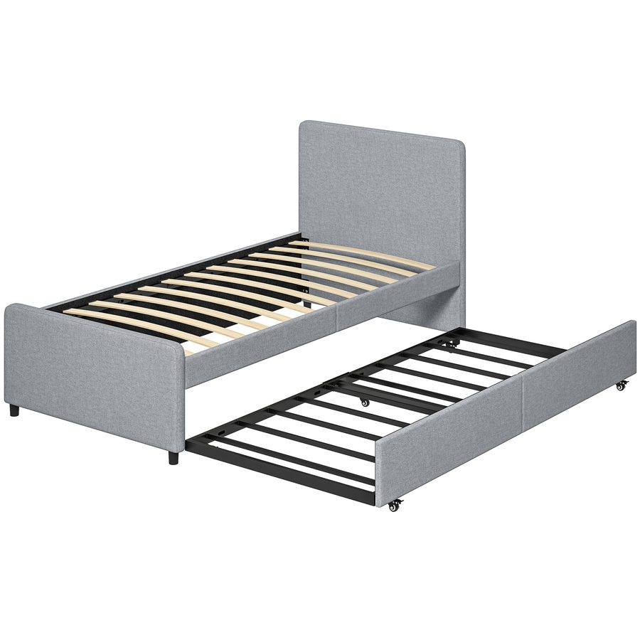 HOMCOM Ausziehbett 90 x 190 cm, Einzel-/Doppelbett-Gestell mit Metall-Lattenrost, Kopf- und Fußteil gepolstert, Stoff in Leinenoptik, Belastbarkeit 400 kg, einfacher Aufbau, hellgrau (ohne Matratze)   Aosom von HOMCOM