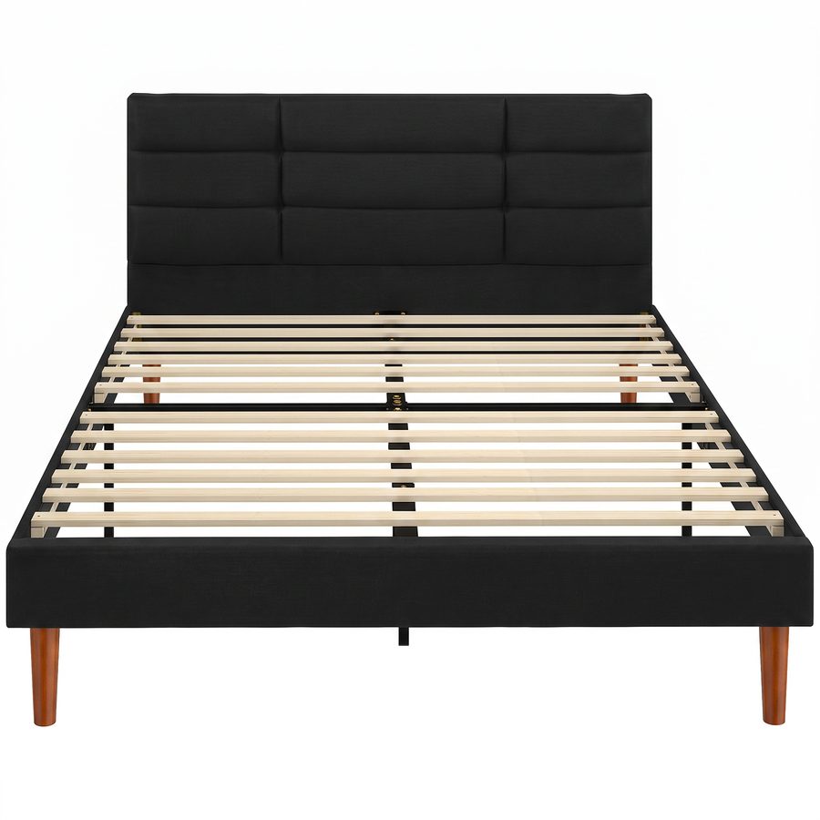 HOMCOM Bettgestell 140 x 200 cm mit Lattenrost, Doppelbett gepolstert in Leinenoptik, 9 robuste Füße, trägt 500 kg, kariertes Kopfteil, Stauraum unter dem Bett, geräuscharm, einfache Montage, Schwarz   Aosom von HOMCOM