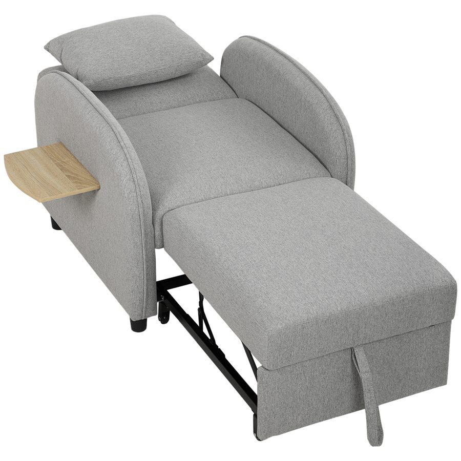 HOMCOM Klappbarer Sessel 1 Platz Schlafsessel Clic‑Clac 3‑in‑1 Verstellbare Rückenlehne Klappbarer Seitentisch Breite Sitzfläche Kissen Seitentasche Leinenoptik Stoff Schlafsofa für Gäste Grau   Aosom von HOMCOM