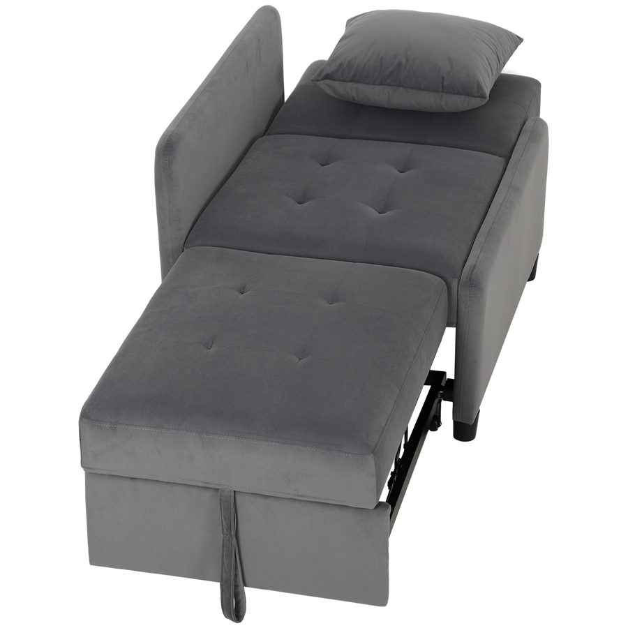 HOMCOM Schlafsessel 4-in-1 Einzelsitz Ausziehbar Gesteppt, 3-fach Verstellbar, Abnehmbares Kissen, Gepolstertes Schlafsofa in Samtoptik mit Rollen, Taschen, 73x90x83cm, Dunkelgrau   Aosom von HOMCOM