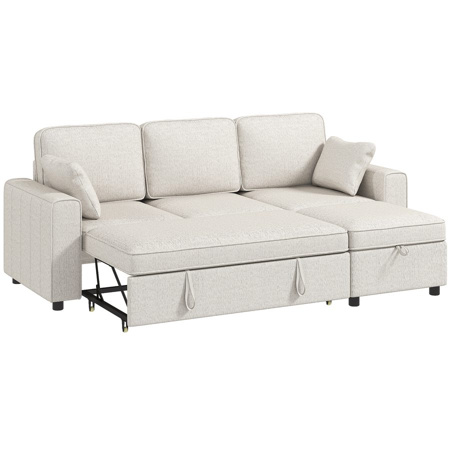 HOMCOM Eck-Schlafsofa aus Chenille, Modulares 3‑Sitzer-Schlafsofa 225 cm mit Aufbewahrungs-Pouf, Große Sitzfläche, Kissen inklusive, Taschenfederkern, für Wohnzimmer, Büro, Apartment, Beige   Aosom von HOMCOM