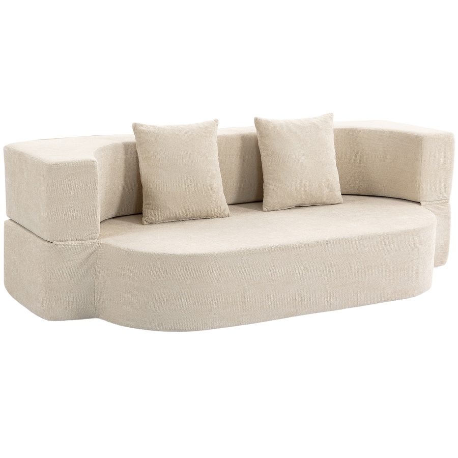HOMCOM 2‑Sitzer Schlafsofa, Chenille-Schlafsofa 190 cm, klappbare Rückenlehne, breite Sitzfläche & Armlehnen, 2 Kissen, kompakt verpackt, kein Aufbau, für Wohnzimmer/Schlafzimmer, Beige   Aosom von HOMCOM
