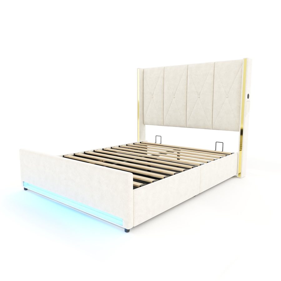 Veloursbett mit gepolstertem und gestepptem Kopfteil, praktische Seitentaschen, für Matratze 160×200 cm, 170x213x141 cm, Beige von GOMYWAY Home