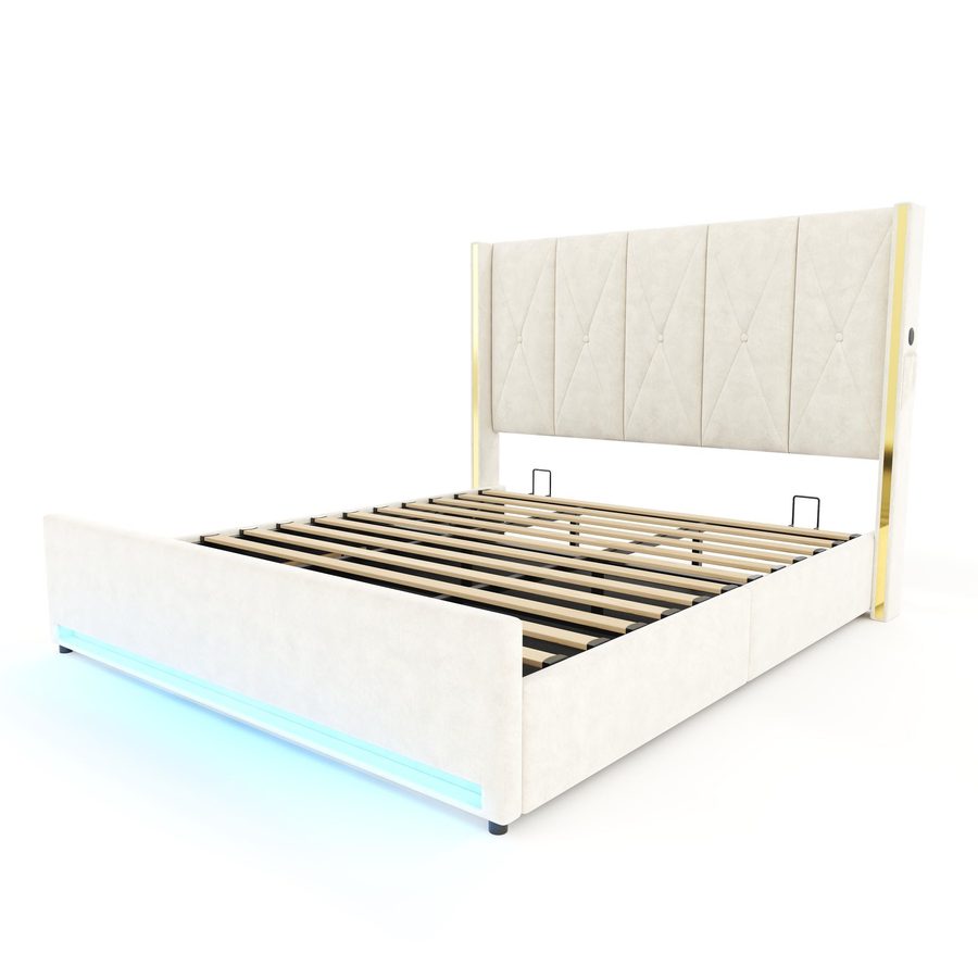 Veloursbett mit gepolstertem und gestepptem Kopfteil, praktischen Seitentaschen, geeignet für 180x200 cm Matratze, 190x213x141 cm, Beige von GOMYWAY Home