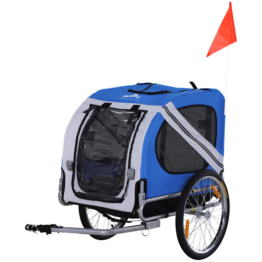 PawHut Fahrradanhänger für Hunde Haustiere 8 Reflektoren Fahnenwimpel Anhängestange inklusive Stahl Polyester wasserdicht max. 30 kg 130L x 73B x 90H cm weiß und blau   Aosom von PawHut