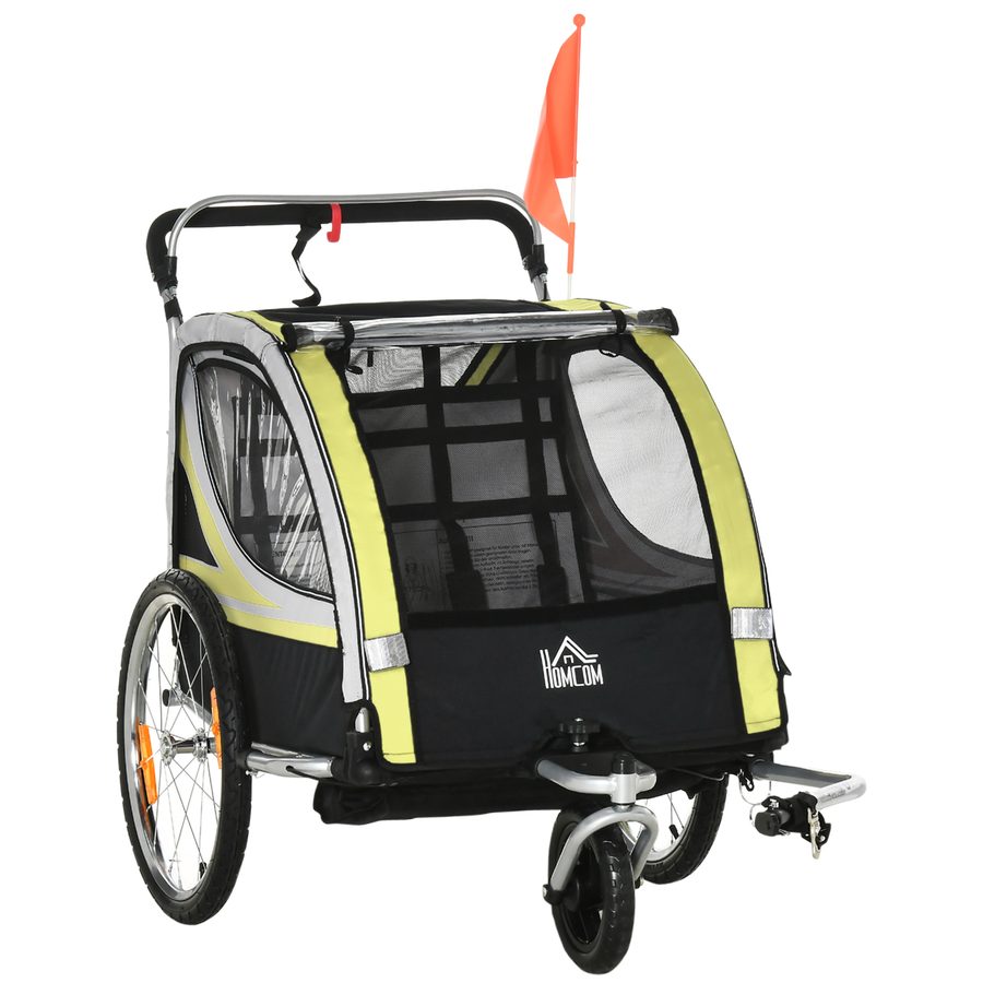 HOMCOM Kinderfahrradanhänger 2 in 1  Federung, Mesh-Tür, 360° Drehbares Vorderrad, Bremse, Gelb+Schwarz, 142x75x101cm  Aosom von HOMCOM