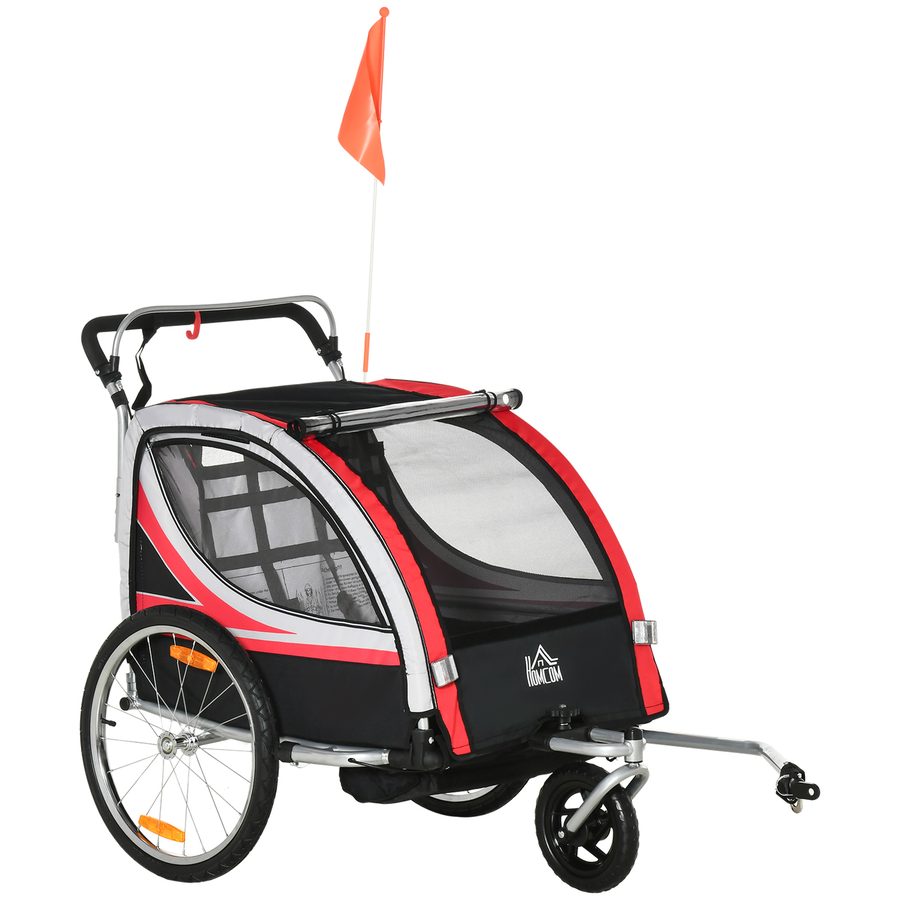 HOMCOM Kinderfahrradanhänger 2 in 1 mit Federung, Mesh-Tür, 360° drehbarem Vorderrad und Bremse, Rot und Schwarz, 142x75x101cm   Aosom.de von HOMCOM