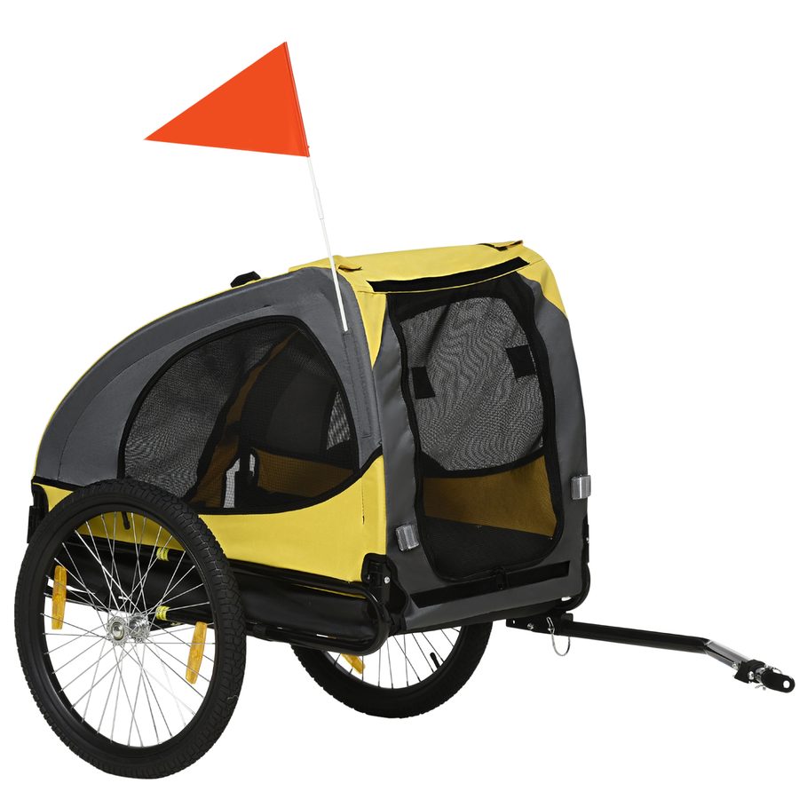 PawHut Anhänger Hund, Belastbarkeit 20kg, für mittelgroße Hunde, mit Netzfenstern Plane Sicherheitsleine, 140x71x83cm, Oxfordstoff, Gelb   Aosom von PawHut