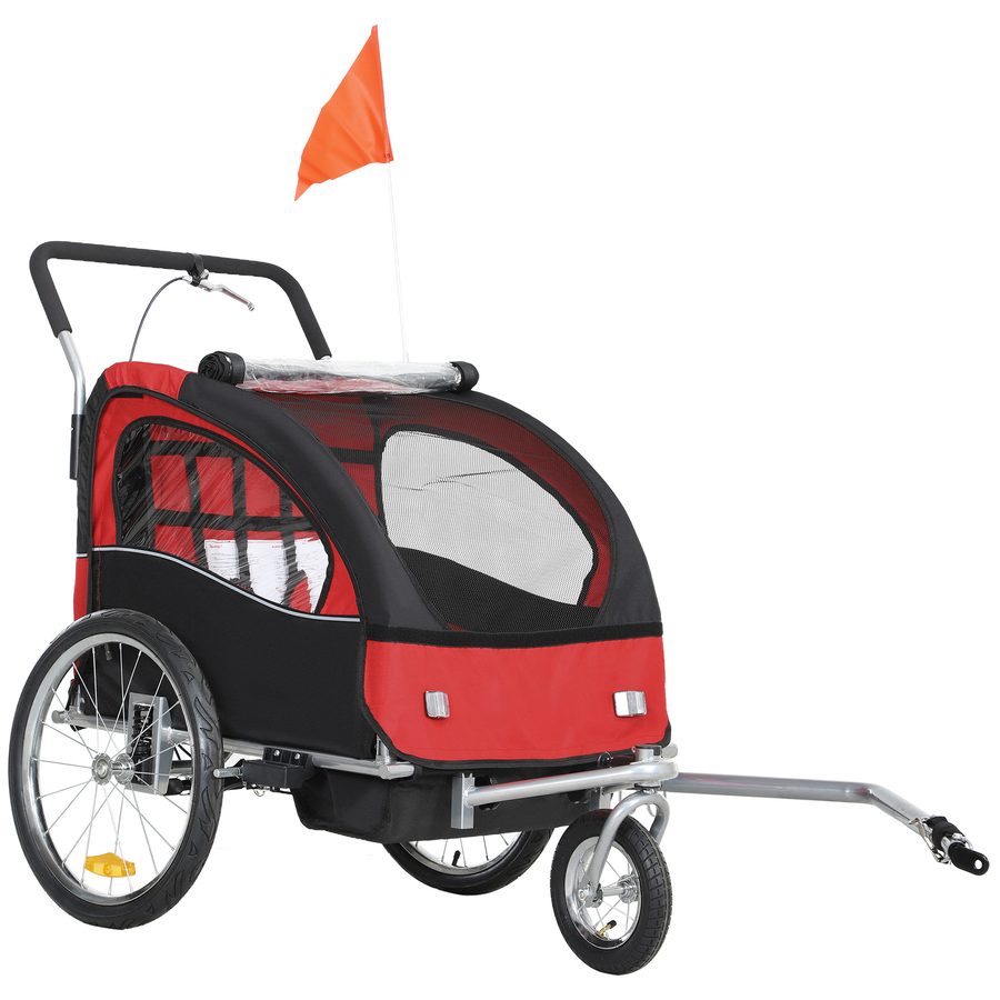 HOMCOM Fahrradanhänger für Kinder 2-in-1 Kinderwagen Fahrradanhänger 2 Sitze mit 5-Punkt-Sicherheitsgurt, Reflektoren, Fahne und Windschutz, Traglast 40 kg, rot   Aosom von HOMCOM