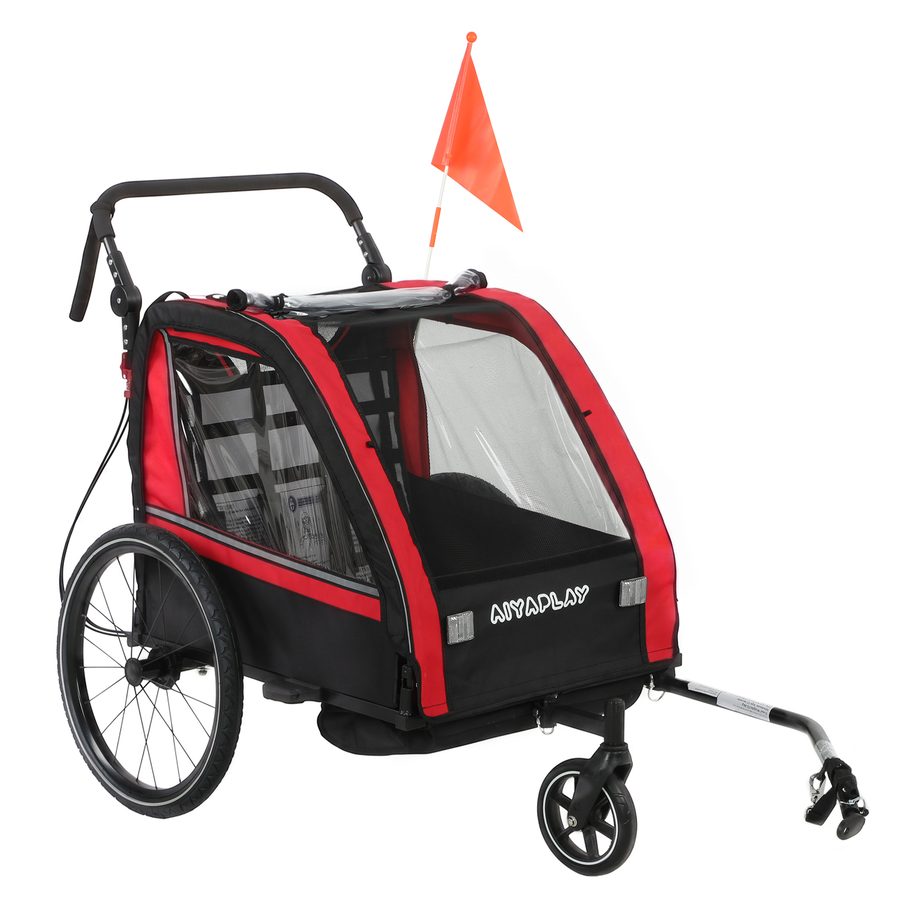 AIYAPLAY Kinder-Fahrradanhänger 2 Sitze 2-in-1, Baby-Fahrrad-Kombiwagen mit höhenverstellbarem Schiebebügel, Handbremse, 5-Punkt-Gurt, Sicherheitswimpel, universelle Anhängerkupplung, bis zu 38 kg, rot   Aosom von AIYAPLAY