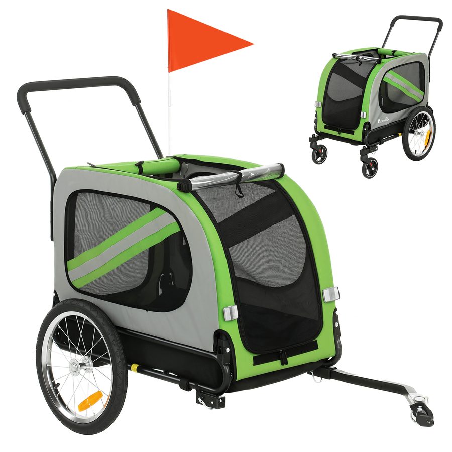 PawHut 2-in-1 Fahrradanhänger für Hunde, faltbarer Hundebuggy für mittelgroße Hunde und Katzen mit Sicherheitsgurt, Flagge und Reflektoren, Tragfähigkeit 20 kg, 134x62x101 cm, Grün   Aosom von PawHut