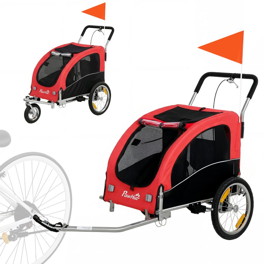 PawHut 2-in-1 Hundeanhänger für Fahrrad & Jogger Hundebuggy für kleine & mittelgroße Hunde bis 20 kg Faltbarer Fahrradanhänger mit 600D Oxford, Reflektoren, Handbremse, Universelle Kupplung, Rot   Aosom von PawHut