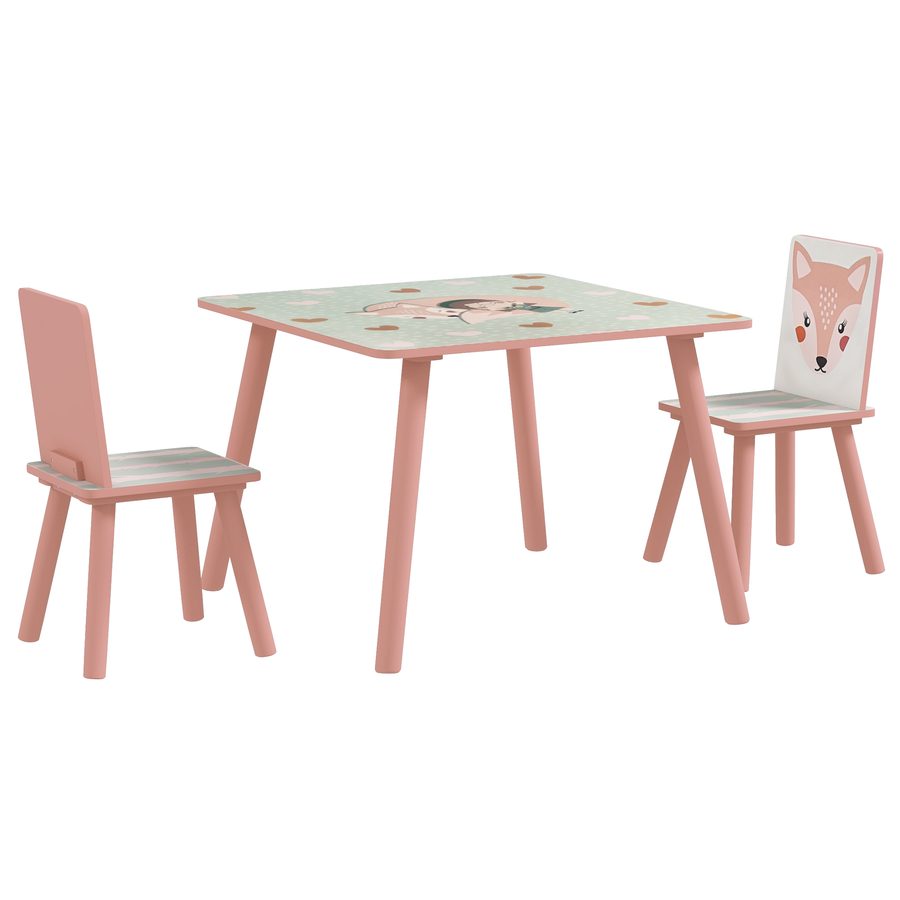 ZONEKIZ Kindertisch und Stuhlset, Kindertisch mit 2 Stühlen, Tiermuster für Kinderzimmer, Spielzimmer, Kiefernholzbeine rosa   Aosom von ZONEKIZ