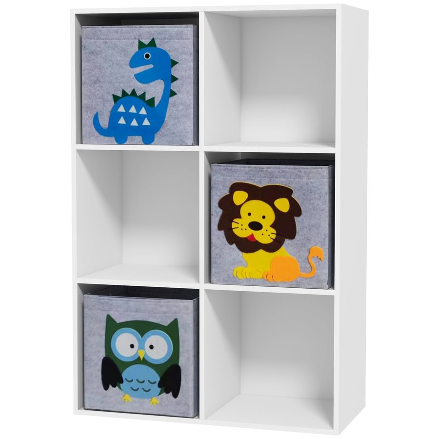 ZONEKIZ Kinderregal, Kinderzimmerregal, Bibliothek, 6 Fächer, 3 Würfel Stoffkörbe mit Tiermotiven für Spielzimmer, Kinderzimmer, 62 x 30 x 91,5 cm, Weiß   Aosom von ZONEKIZ