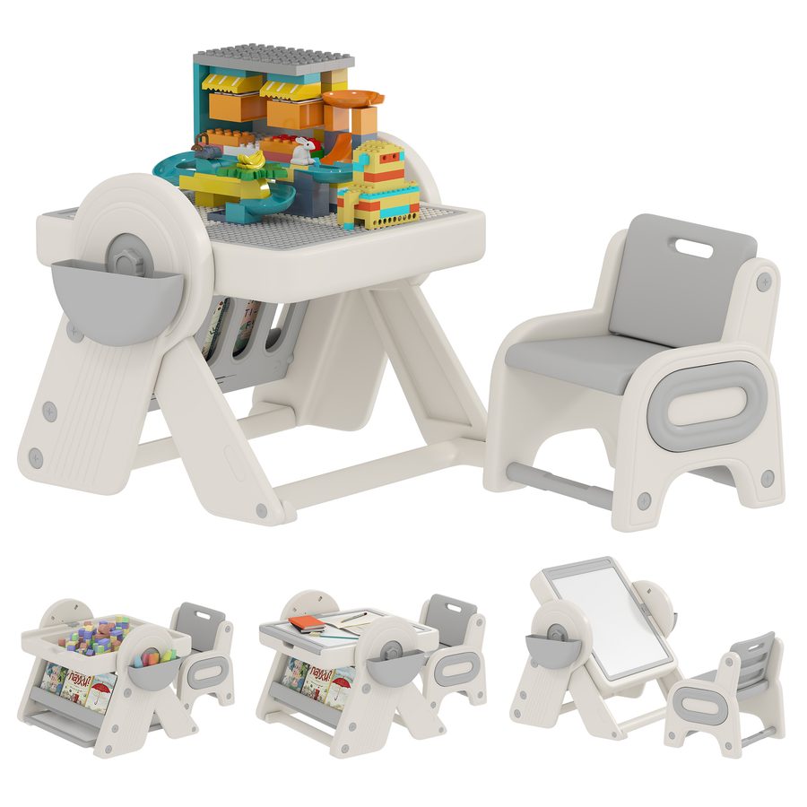 AIYAPLAY Set Tisch und Stuhl für Kinder 3 in 1 mit Bau- und Schreibtafel, Umschaltbare Staffelei und Behälter, Multifunktionstisch mit Kunststoffsessel für Kinder 2-4 Jahre für Kinderzimmer   Aosom von AIYAPLAY