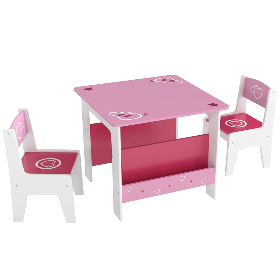 AIYAPLAY Set Tisch mit 2 Stühlen für Kinder, Kindertisch mit integriertem Regal, Möbel für Kinderzimmer und Wohnzimmer aus MDF-Holz mit Herzmotiven, Alter 3-8 Jahre, Rosa   Aosom von AIYAPLAY