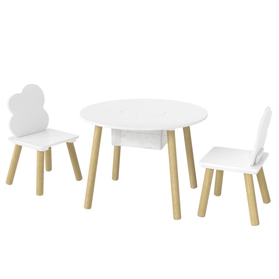 AIYAPLAY Kindertisch mit 2 Stühlen, Kindersitzgruppe mit Aufbewahrungsnetz, Wolken-Design, Kinder Tisch Stuhl Set mit Holzbeinen für Kinderzimmer, für 3-6 Jahre Kinder, Weiß   Aosom von AIYAPLAY
