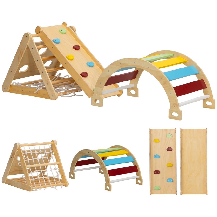 AIYAPLAY  7-in-1 Montessori Klettergerüst Indoor Holz Kletterdreieck mit Kletterbogen, Rutsche, Indoor Spielplatz mit Rampe, Kletternetz, Kletterstein, für Kinder von 1,5-4 Jahre, Mehrfarbig   Aosom von AIYAPLAY