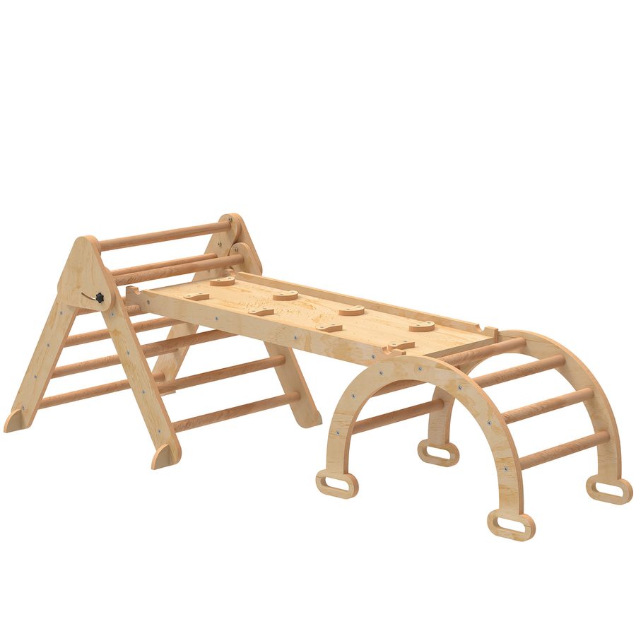 AIYAPLAY 5-in-1 Montessori Klettergerüst Indoor, faltbar Holz Kletterdreieck mit Rutsche, Bogen, Indoor Spielplatz für Kinder von 1,5-4 Jahre, Naturholz   Aosom von AIYAPLAY