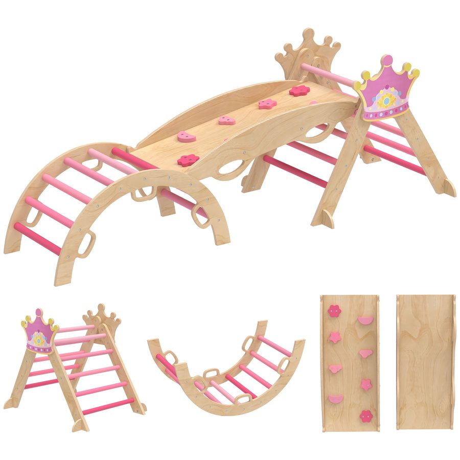 AIYAPLAY 8-in-1 Montessori Klettergerüst Indoor Holz Kletterdreieck mit Kletterbogen, Rutsche, Kronenmotiv, Indoor Spielplatz mit Rampe, Schaukelbogen, für Kinder von 1,5-4 Jahre, Rosa   Aosom von AIYAPLAY