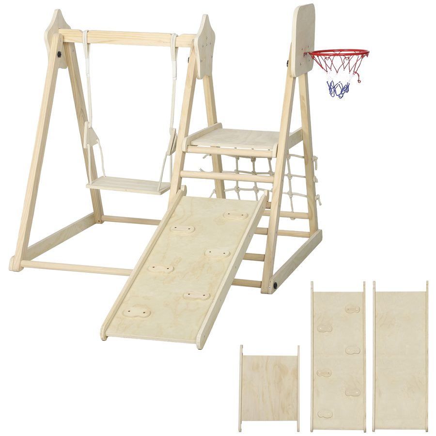 AIYAPLAY 5-in-1 Klettergerüst Montessori Indoor Holz Kletterdreieck mit Rutsche, Schaukel, Kletternetz und -brett, Basketballkorb, Klappbar Spielplatz für Kinder von 3-6 Jahren, Natur   Aosom von AIYAPLAY