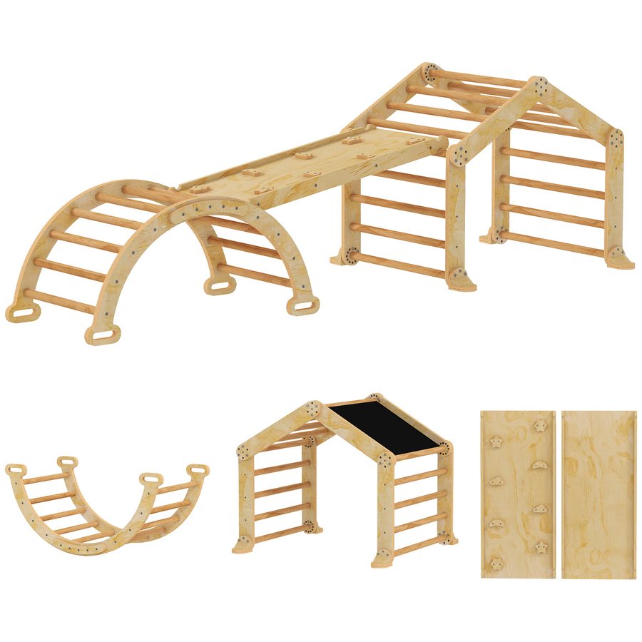 AIYAPLAY 9-in-1 Montessori Klettergerüst Indoor Holz Kletterdreieck mit Rutsche, Kletterbogen, Rampe, Indoor Spielplatz mit Tafel, für Kinder von 1,5-4 Jahre   Aosom von AIYAPLAY