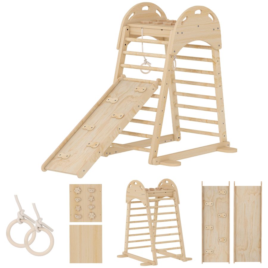 AIYAPLAY 6-in-1 Montessori Kletterdreieck, Kletterrahmen aus Holz mit Plattform, Ringen und Rutsche, zum Rutschen oder Klettern, für Kinder 18-48 Monate, Indoor, natur   Aosom von AIYAPLAY