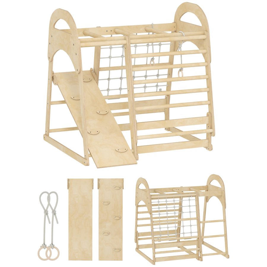 AIYAPLAY 6-in-1 Montessori Klettergerüst Indoor Holz Indoor Spielplatz mit Rutsche, Kletterstangen, Turnringen, Leiter, Kletternetz, Kletterturm Indoor für Kinder von 3-6 Jahre, Naturholz   Aosom von AIYAPLAY
