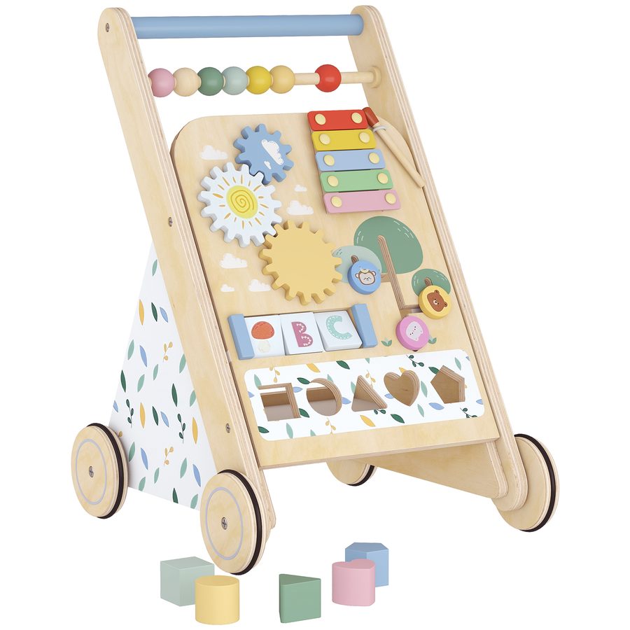 AIYAPLAY Baby Lauflernwagen Holz Lauflernhilfe mit Rädern regulierbarer Geschwindigkeit Bauklötze Montessori Aktivitätszentrum Baby Walker Gehhilfe Spielzeug Geschenk für Kleinekinder ab 18 Monaten   Aosom von AIYAPLAY