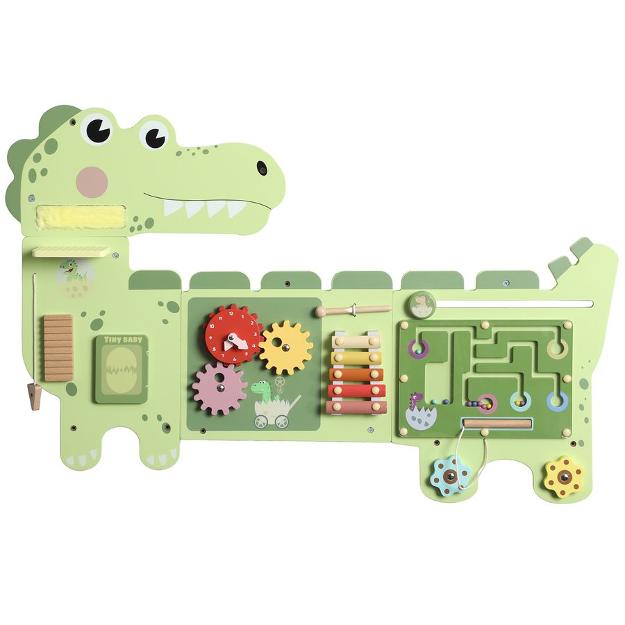 AIYAPLAY Montessori Motorikbrett Holz Busy Board Dinosaurier Wandmontiertes Activity Board Spielzeug mit Xylophon Uhr Zahnrädern Klangstäbe Frühes Lernspielzeug für Kinder Mädchen ab 2 Jahr   Aosom von AIYAPLAY