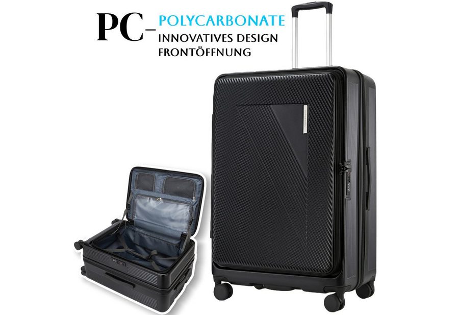 Super Solu Hartschalen-Trolley Erweiterbarer Reisekoffer mit Frontöffnung, Hartschalenkoffer 100% PC, 4 Rollen, 360° Doppelrollen, 28Zoll/76cm, Stoßfester Koffer mit TSA, Schwarz