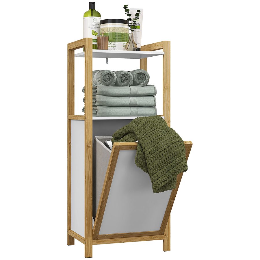 HOMCOM Badezimmerschrank aus Bambus mit Wäschekorb Bodenschrank Badezimmer Platzsparend - 2 Regale - Abmessungen 40L x 30B x 86,5H cm   Aosom von HOMCOM