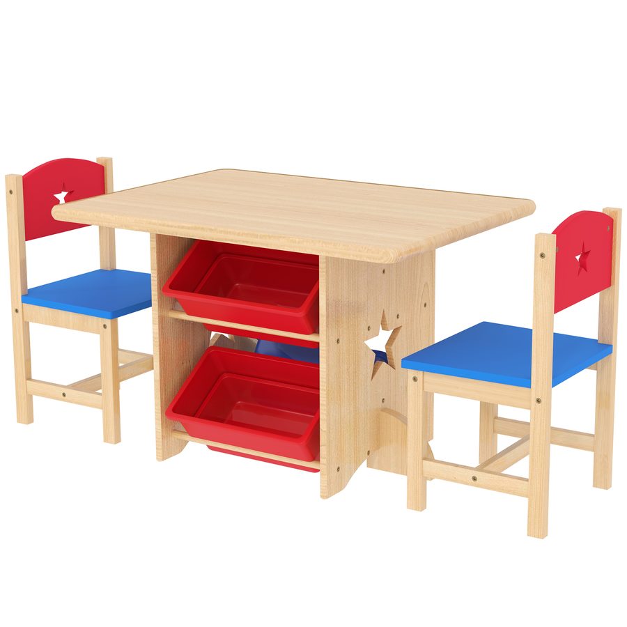 AIYAPLAY Kindertisch mit 2 Stühlen, 3-teiliges Set aus Holz, mit 4 Aufbewahrungsboxen, Sternenmuster, für Kinder von 3-7 Jahren, Naturholz   Aosom von AIYAPLAY