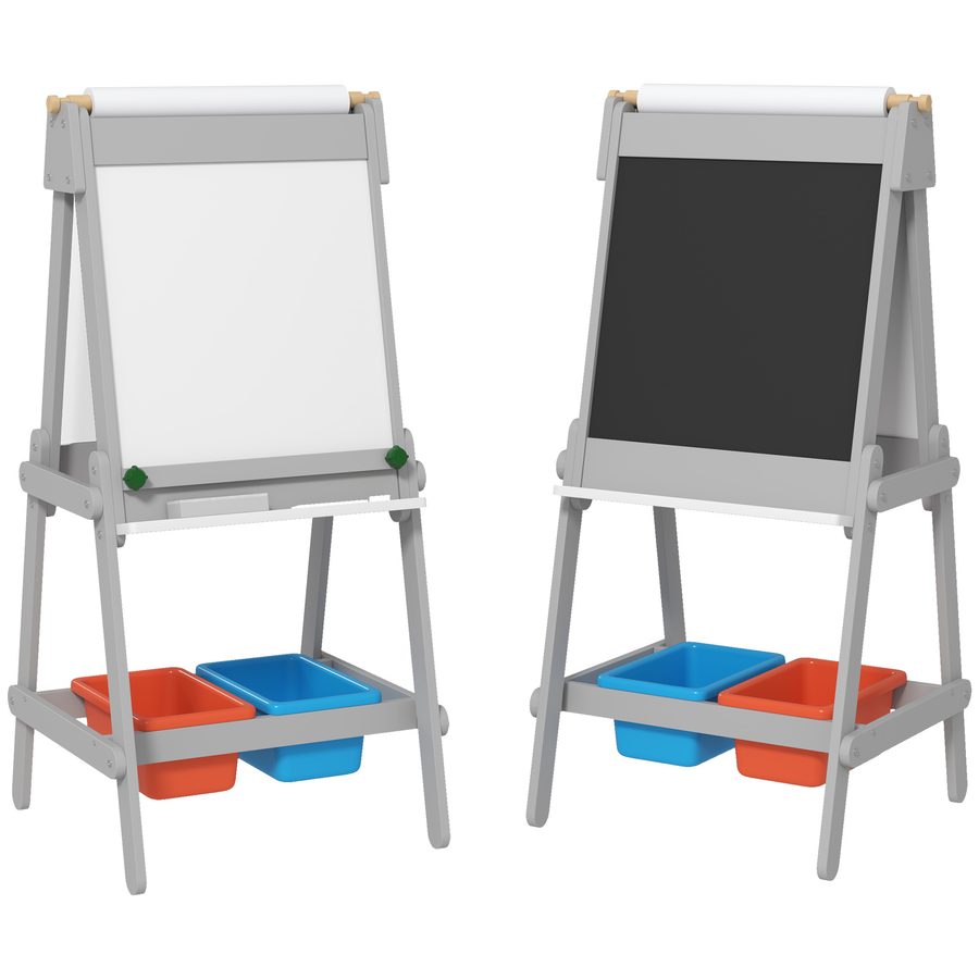 AIYAPLAY 3-in-1 Kindertafel, doppelseitige Kinder Staffelei mit Kreidetafel, Whiteboard, Staffelei mit Radiergummi, Zeichenpapier, Aufbewahrungsboxen, für Kinder 3-8 Jahre, Grau   Aosom von AIYAPLAY