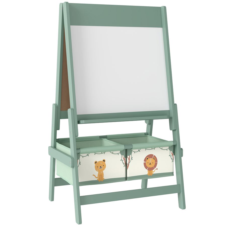 AIYAPLAY Kinder Staffelei 3 in 1 Kindertafel Standtafel mit Kreidetafel, Whiteboard, Papierrolle, 2 Aufbewahrungsboxen, Spiel-Tafel mit Löwen- und Tigermotiv, für Kinder 3-8 Jahre Grün   Aosom von AIYAPLAY